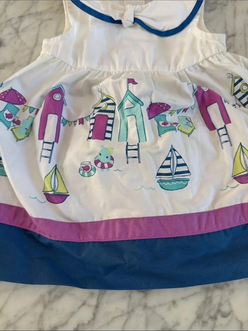 Gymboree Sz 3-6 Mo Hippo White Nautical Print Dress With Bloomers Blue Trim